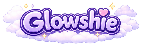 A stylized 'Glowshie' logo centered on a black background, with the text in glossy purple and white outlined bubble letters, surrounded by soft lavender clouds, small yellow sparkles, and a pink heart.