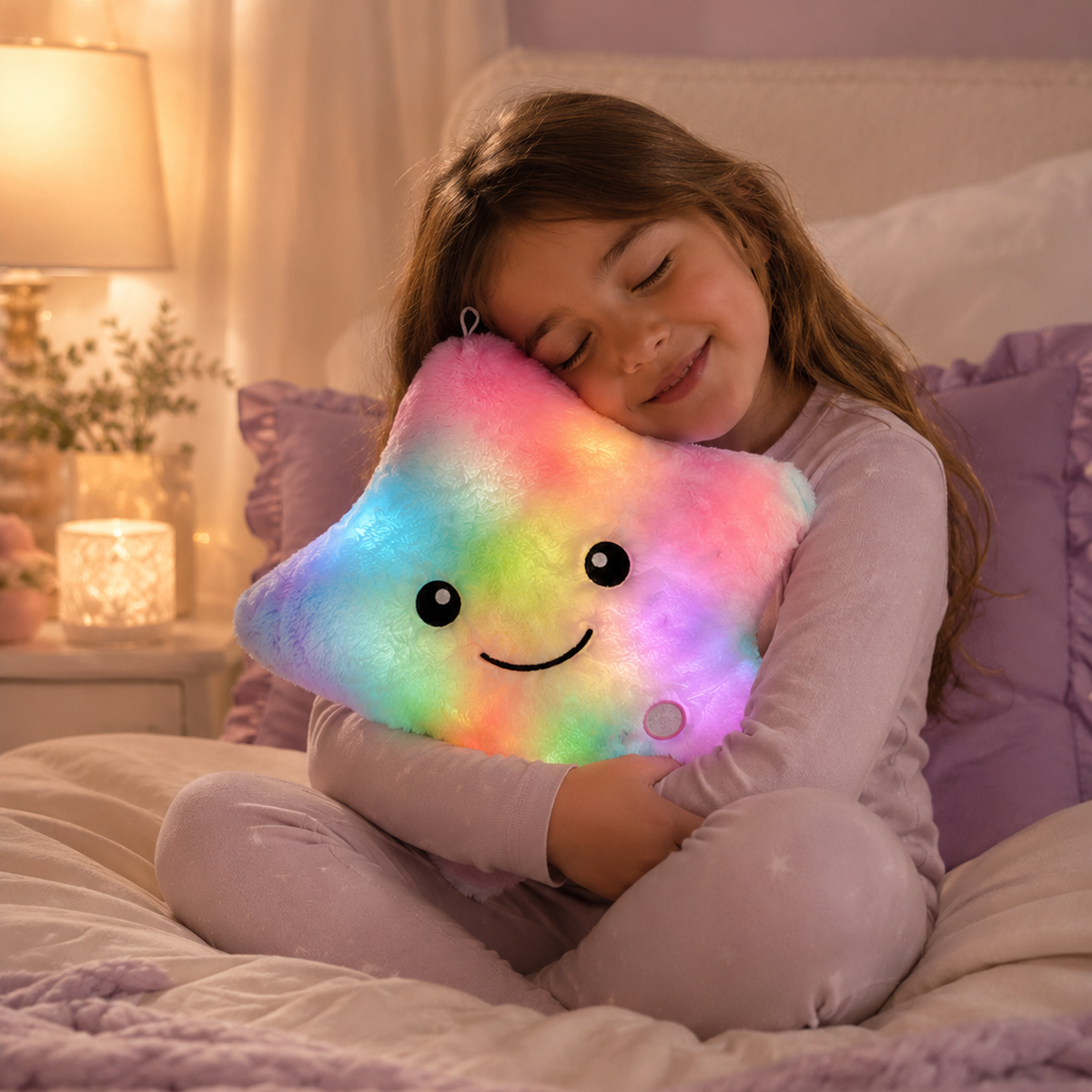 Child cuddling a colourful Glowshie light-up star pillow in a cosy bedroom.