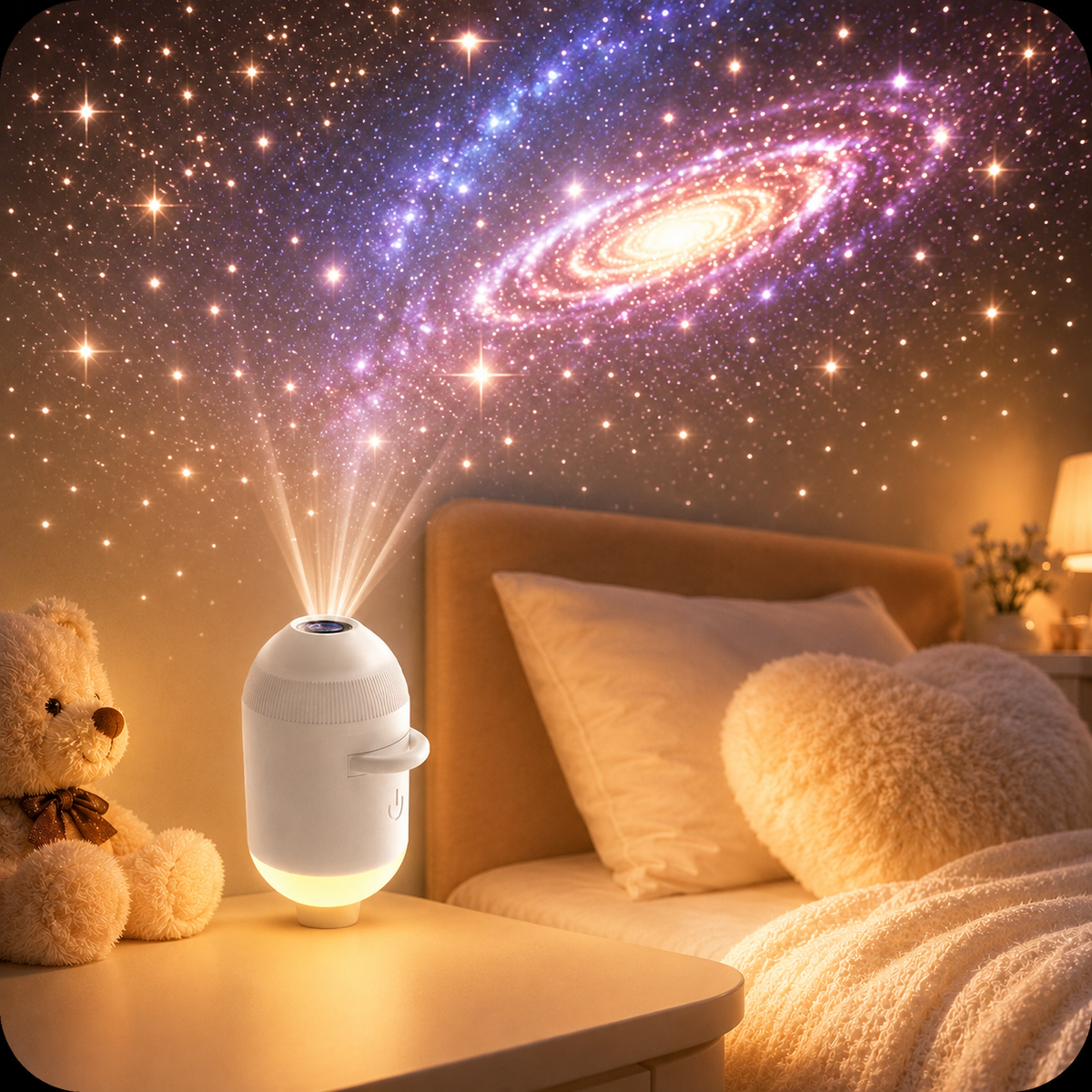 Glowshie Galaxy Star Projector casting colourful stars and nebula lights across a cosy child’s bedroom.