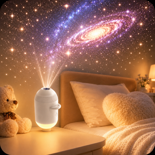 Glowshie Galaxy Star Projector casting colourful stars and nebula lights across a cosy child’s bedroom.