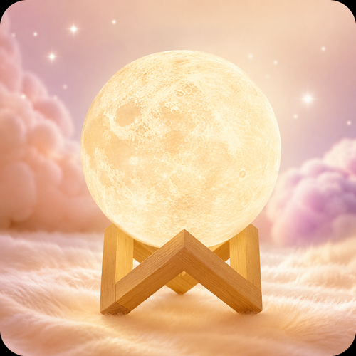 Glowshie rechargeable 3D moon lamp glowing warmly on a wooden stand in a dreamy bedroom setting.