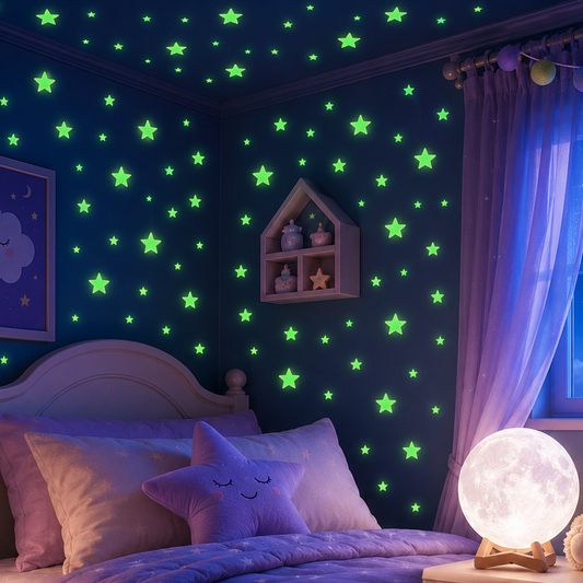Glowshie glow-in-the-dark star stickers illuminating a child’s bedroom wall and ceiling with a magical night-sky effect.